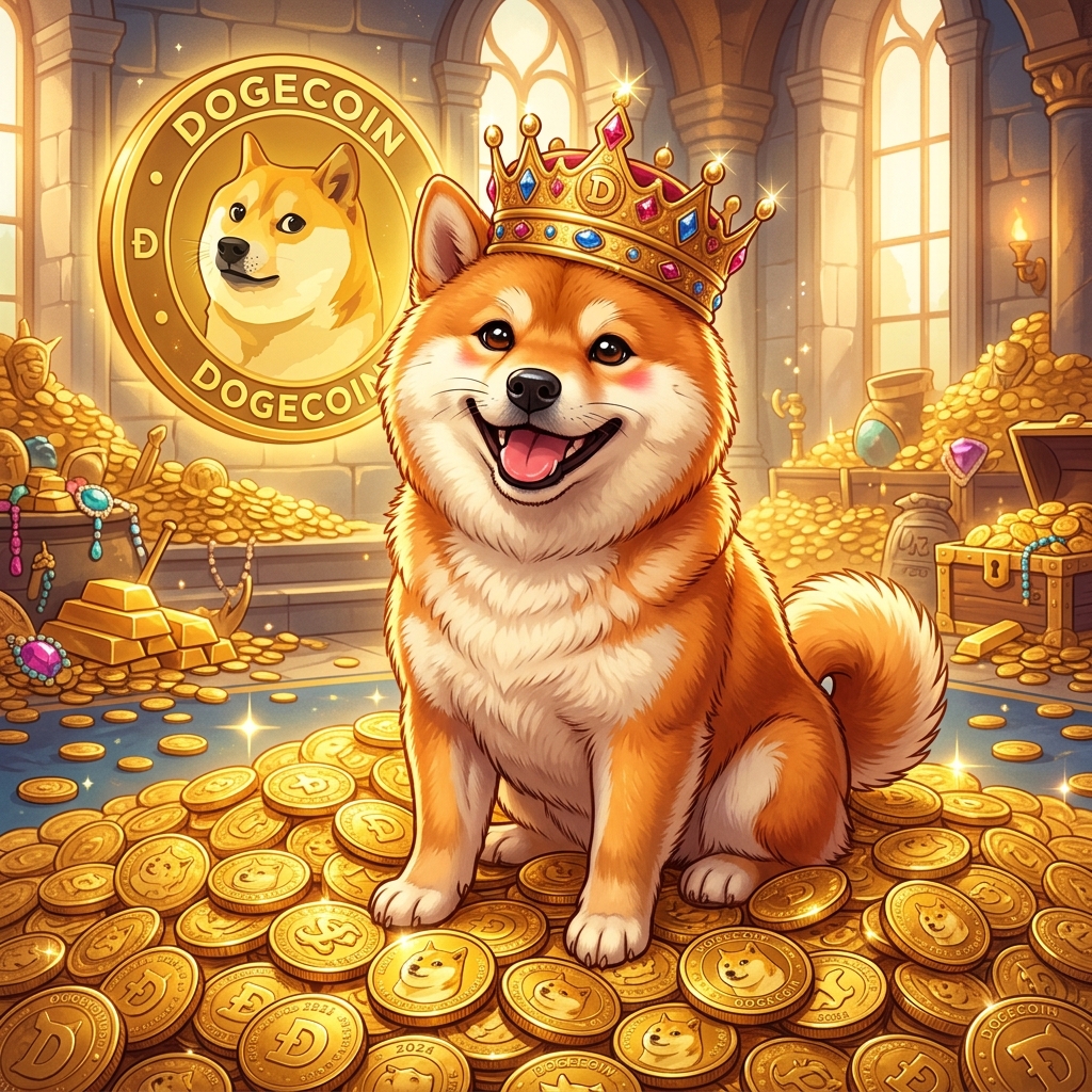 Shiba Inu mascot wearing golden crown sitting on Dogecoin